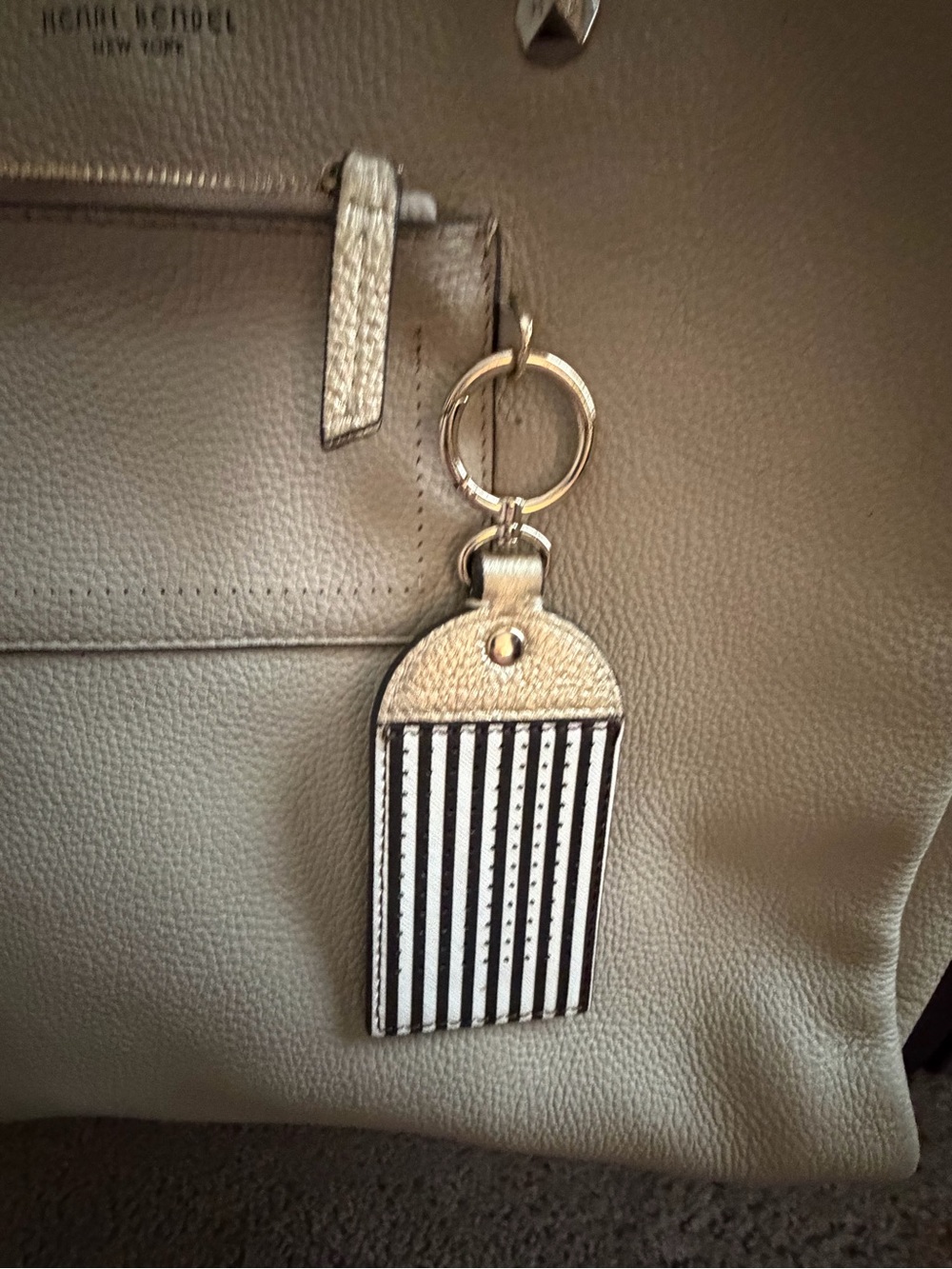 Henri Bendel Cream Pebbled Leather Tote with Striped Bendel Key Charm - Picture 6 of 12